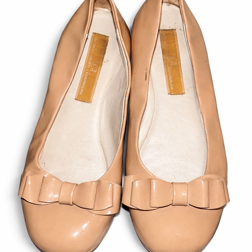 AGL Attilio Giusti Leombruni Nude Patent Leather Ballet Flats Bow Detail Size 8